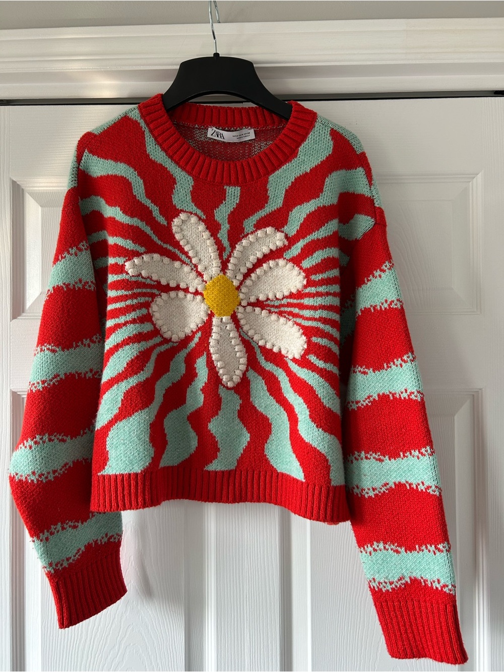 Zara Red & Mint Daisy Knit Crewneck Sweater
